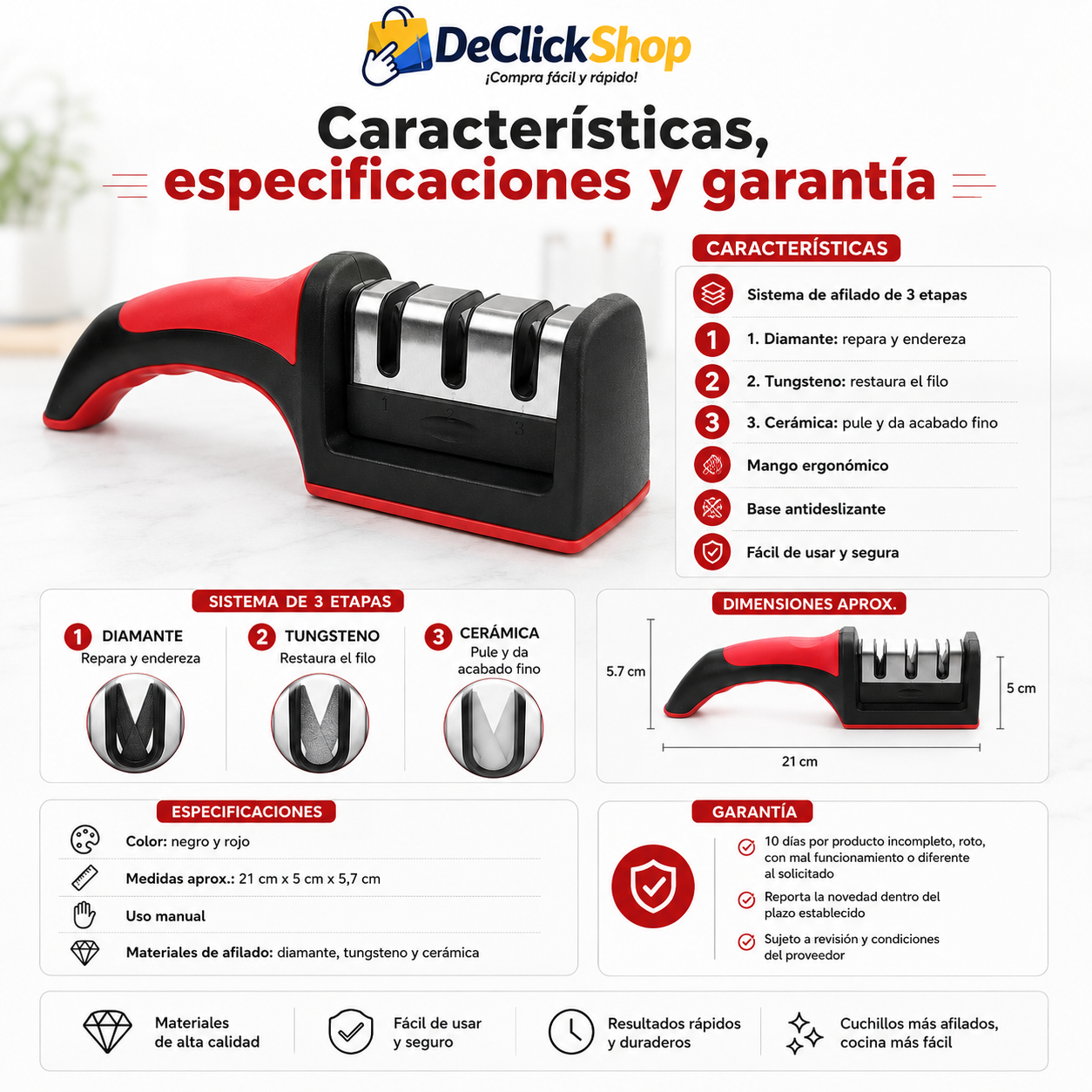 Afilador de Cuchillos 3 Etapas con Mango Ergonómico