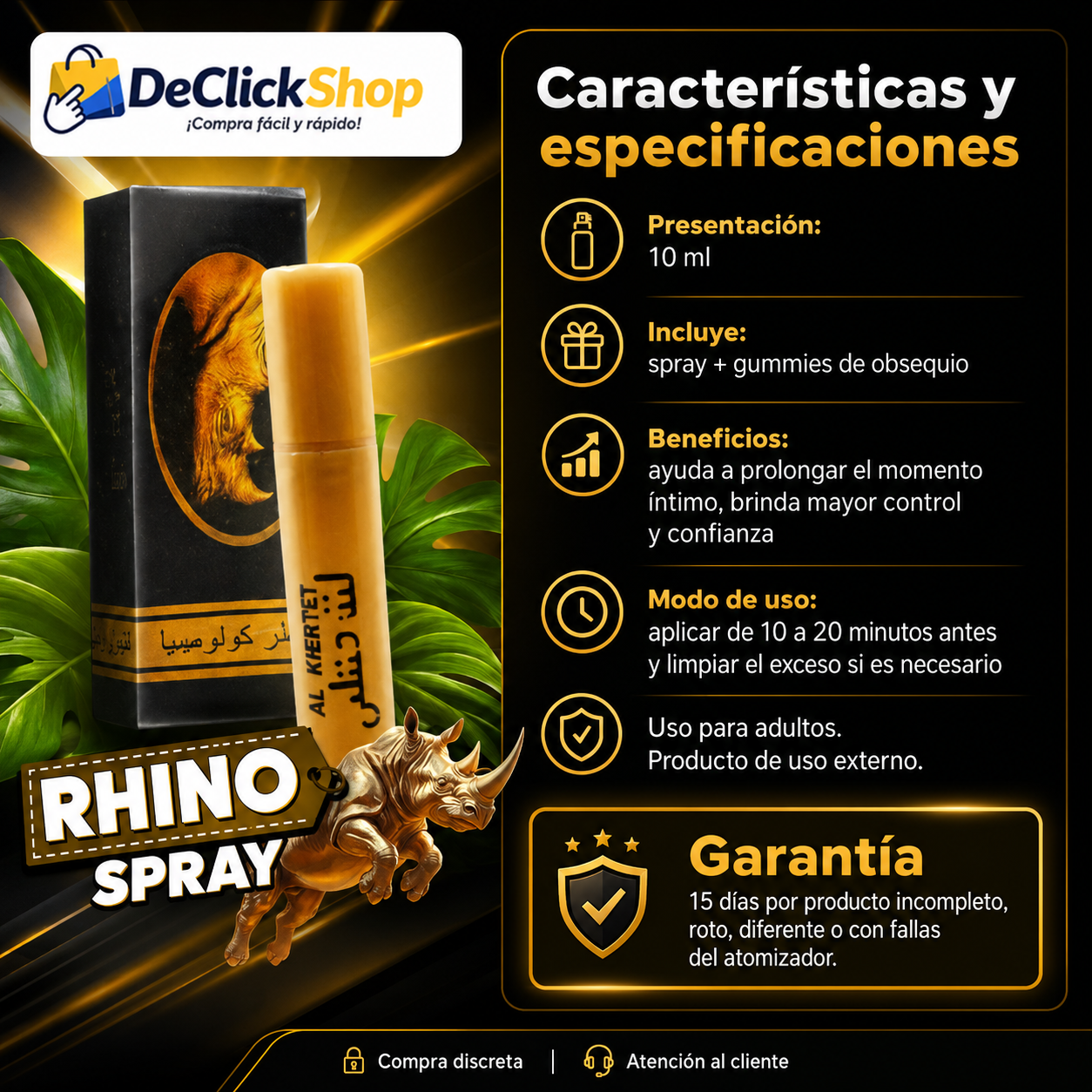 Rhino Dorado Spray Retardante 10 ml + Gummies de Obsequio