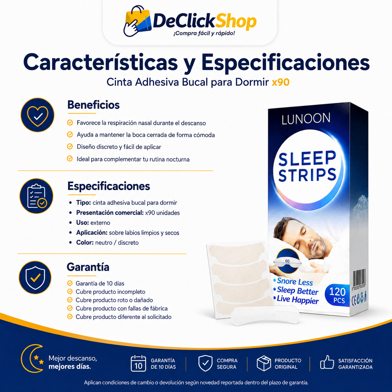 Cinta Adhesiva Bucal para Dormir x90 – Tiras para Descanso Nocturno