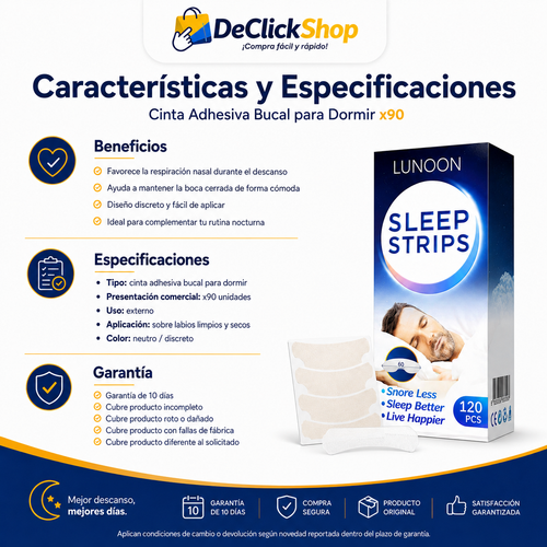 Cinta Adhesiva Bucal para Dormir x90 – Tiras para Descanso Nocturno