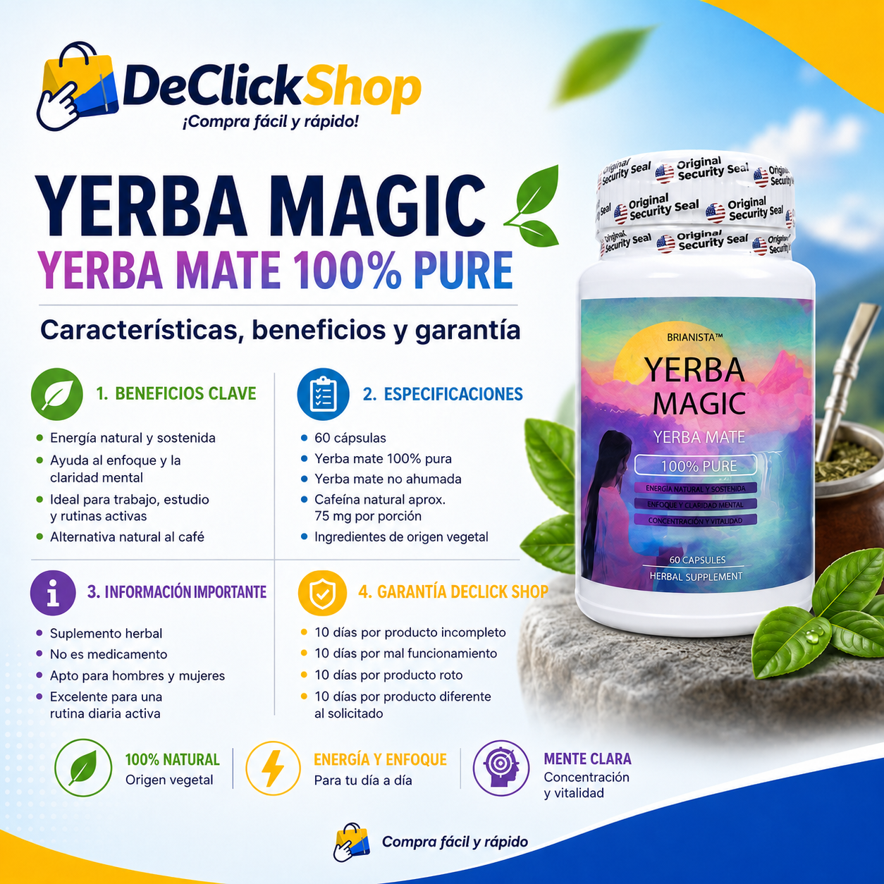 Yerba Magic Yerba Mate 100% Pure – 60 Cápsulas | Energía Natural, Enfoque y Vitalidad