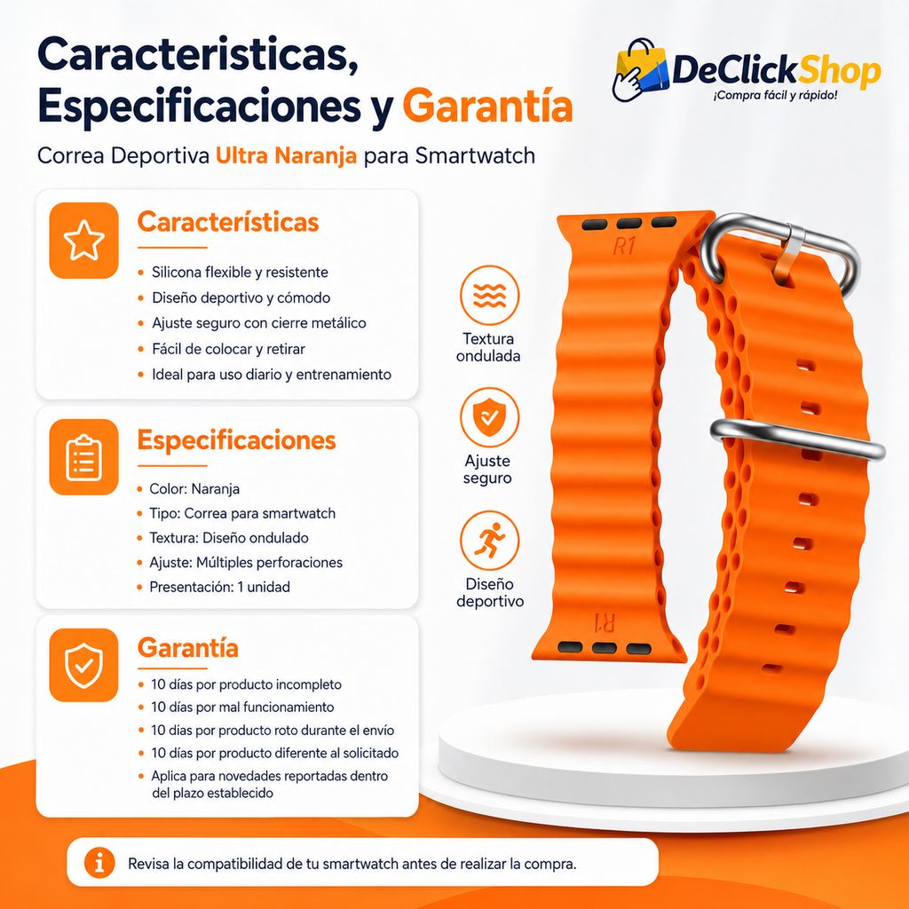 Correa Deportiva Ultra Naranja para Smartwatch – Silicona Flexible con Ajuste Seguro