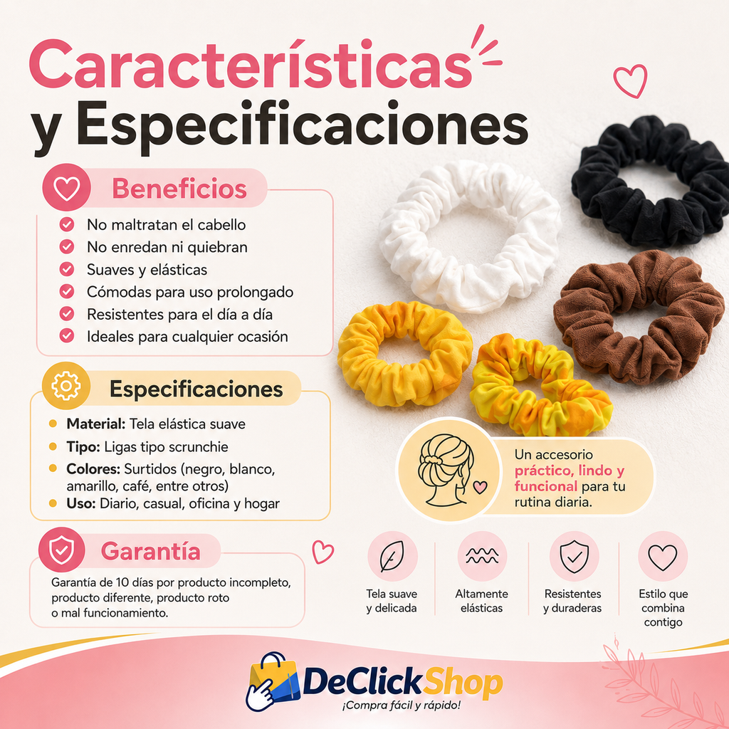 Ligas Sujetadoras para Cabello Tipo Scrunchie – Suaves, Elásticas y Colores Surtidos