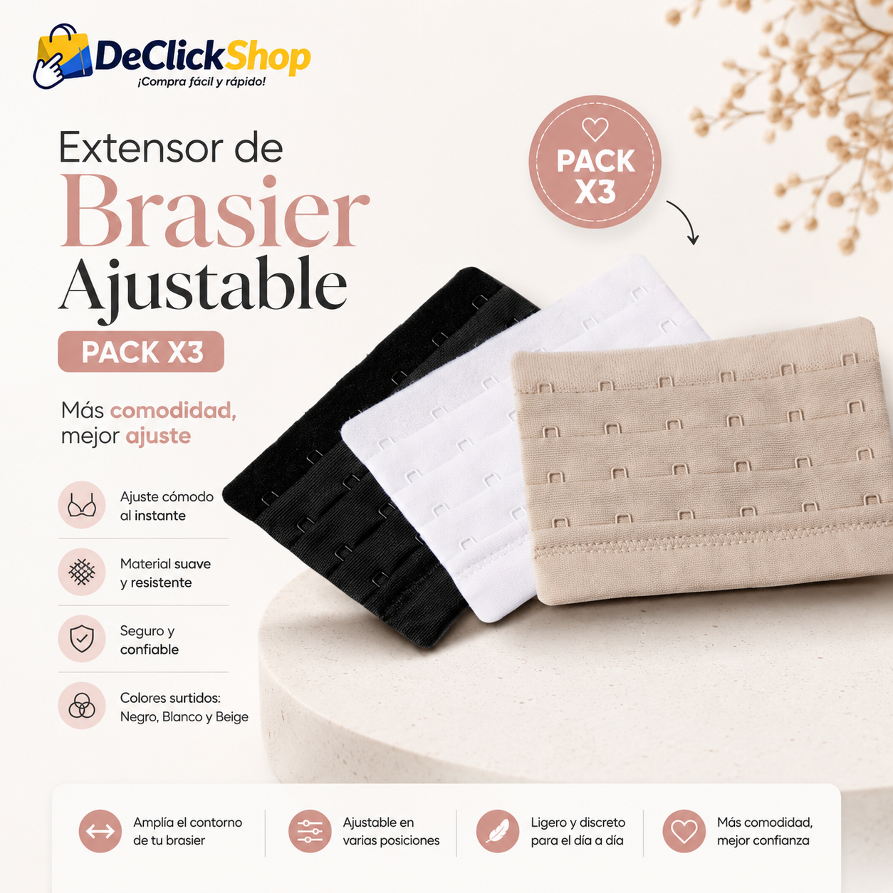 Extensor de Brasier Ajustable Pack x3 – Negro, Blanco y Beige