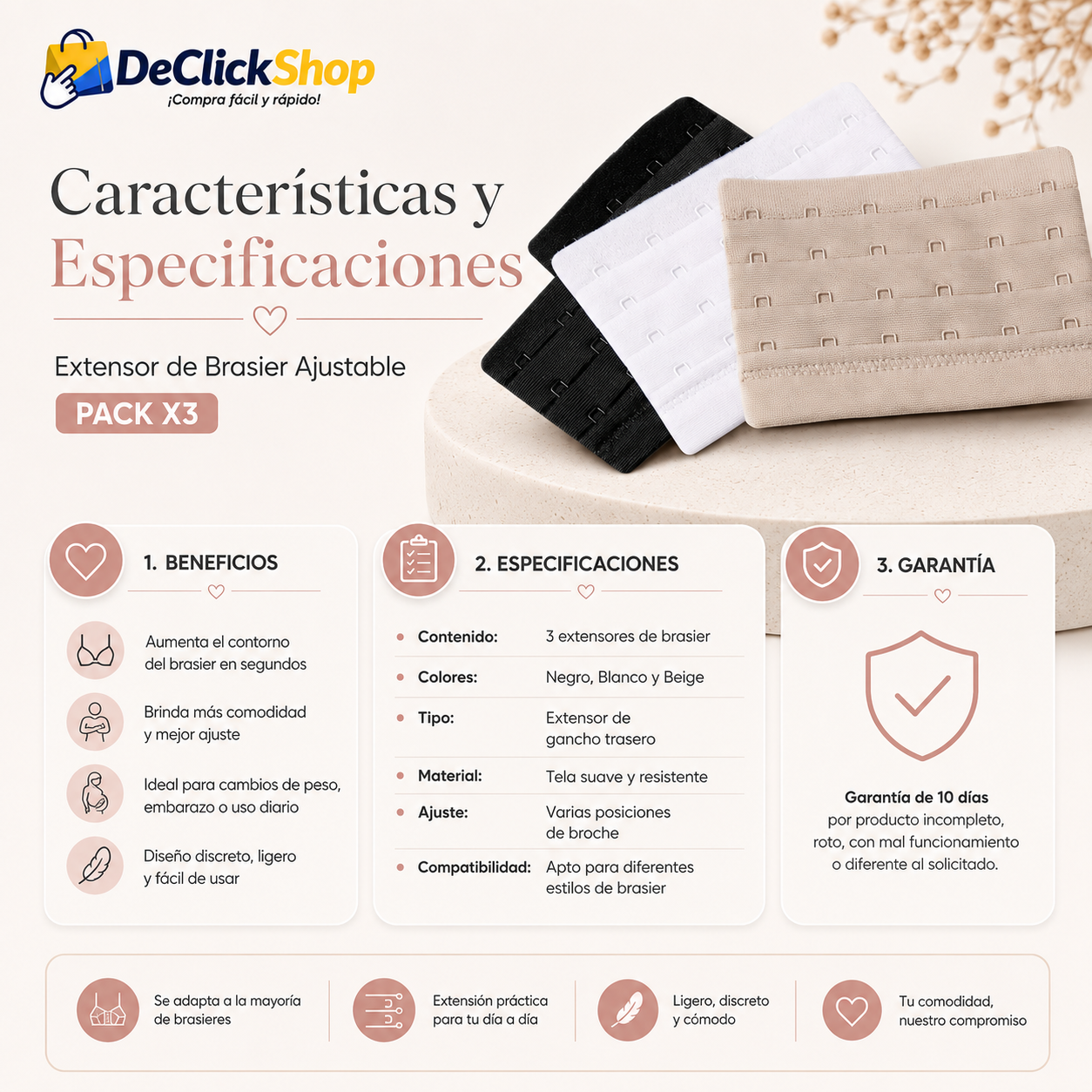 Extensor de Brasier Ajustable Pack x3 – Negro, Blanco y Beige