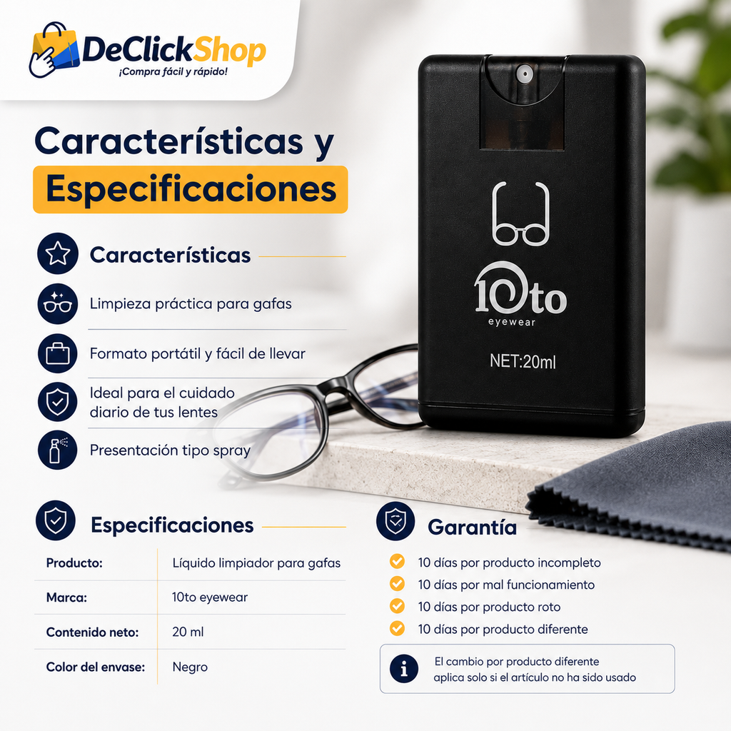Líquido Limpiador para Gafas 20 ml Portátil Tipo Spray
