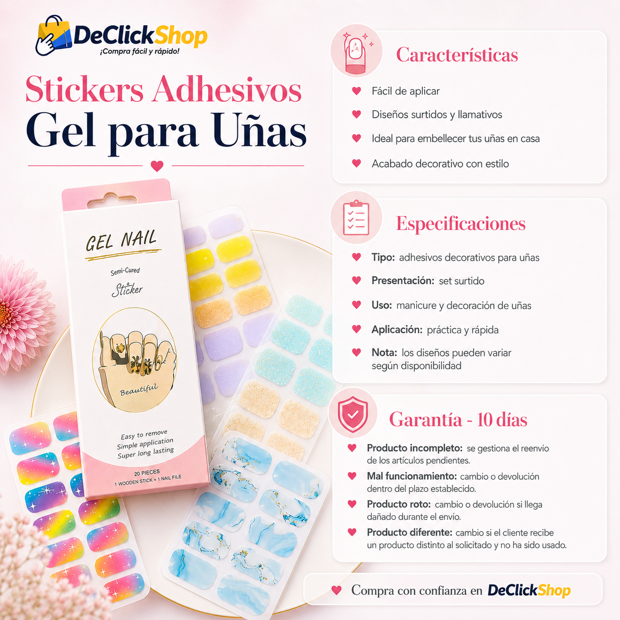 Stickers Adhesivos Gel para Uñas – Diseños Surtidos para Manicure Fácil en Casa