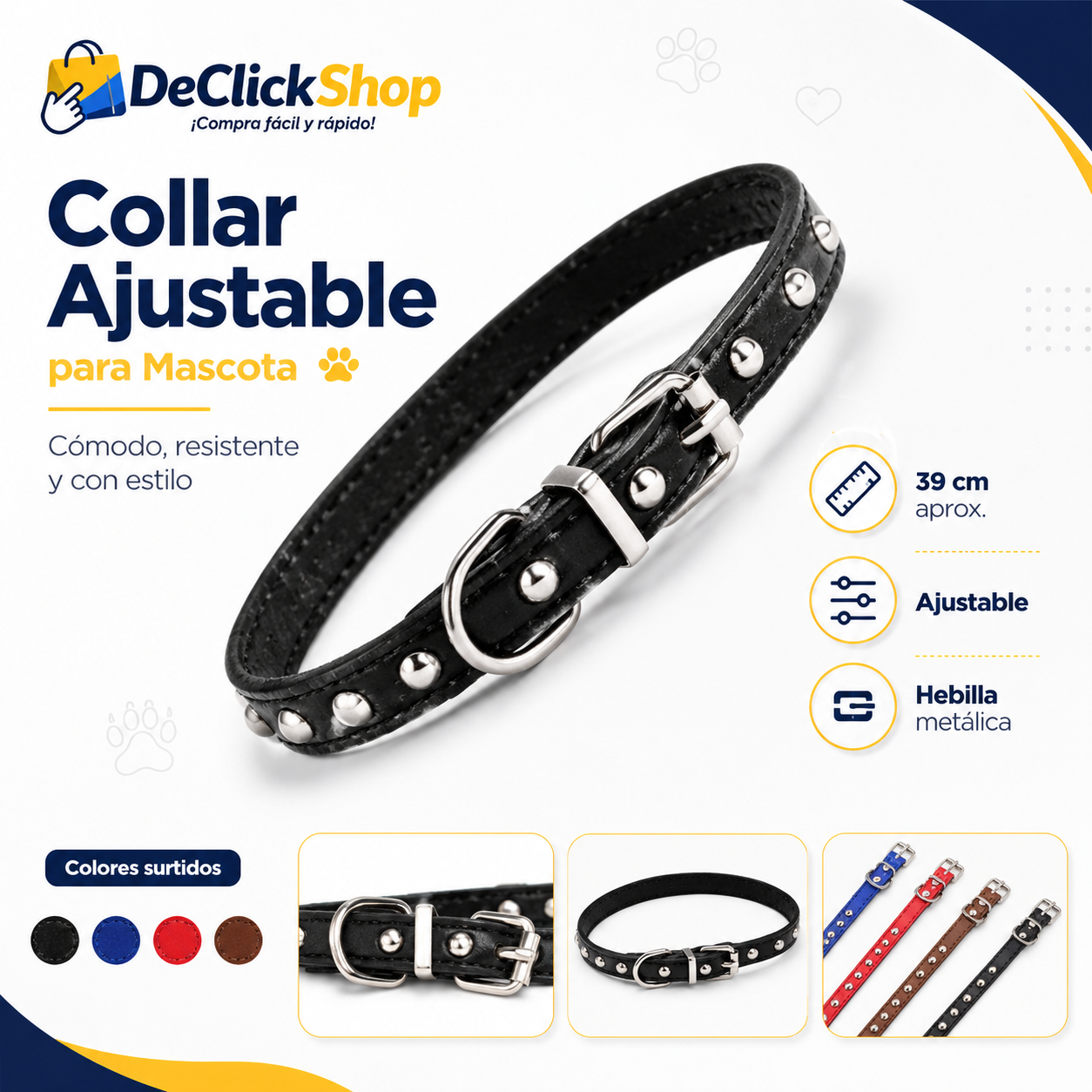 Collar Ajustable para Mascota con Taches Metálicos – 39 cm