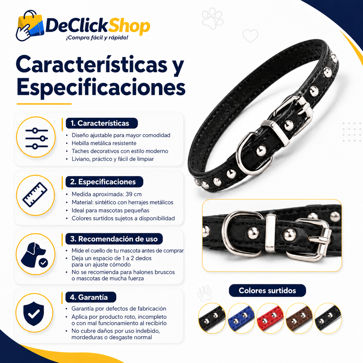 Collar Ajustable para Mascota con Taches Metálicos – 39 cm