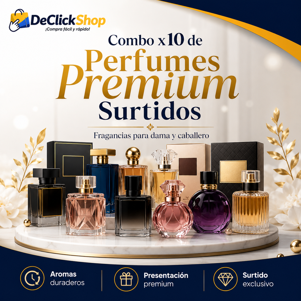 Combo x10 Perfumes Premium Surtidos para Dama y Caballero + Roll-On y Crema