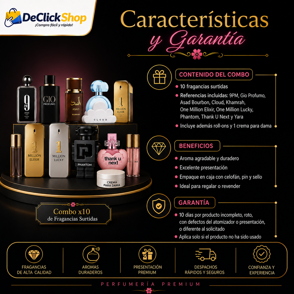 Combo x10 Perfumes Premium Surtidos para Dama y Caballero + Roll-On y Crema
