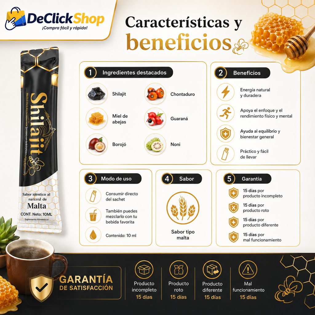 Shilajit Honey Sachet 10 ml con Miel y Superfrutos – Energía, Enfoque y Vitalidad