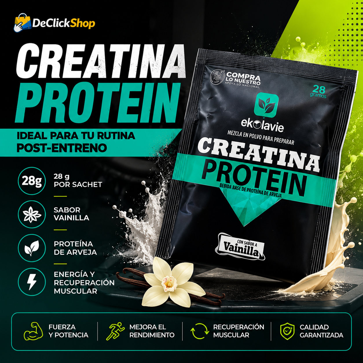 Creatina Protein Vainilla 28 g – Sachet Individual con Proteína de Arveja
