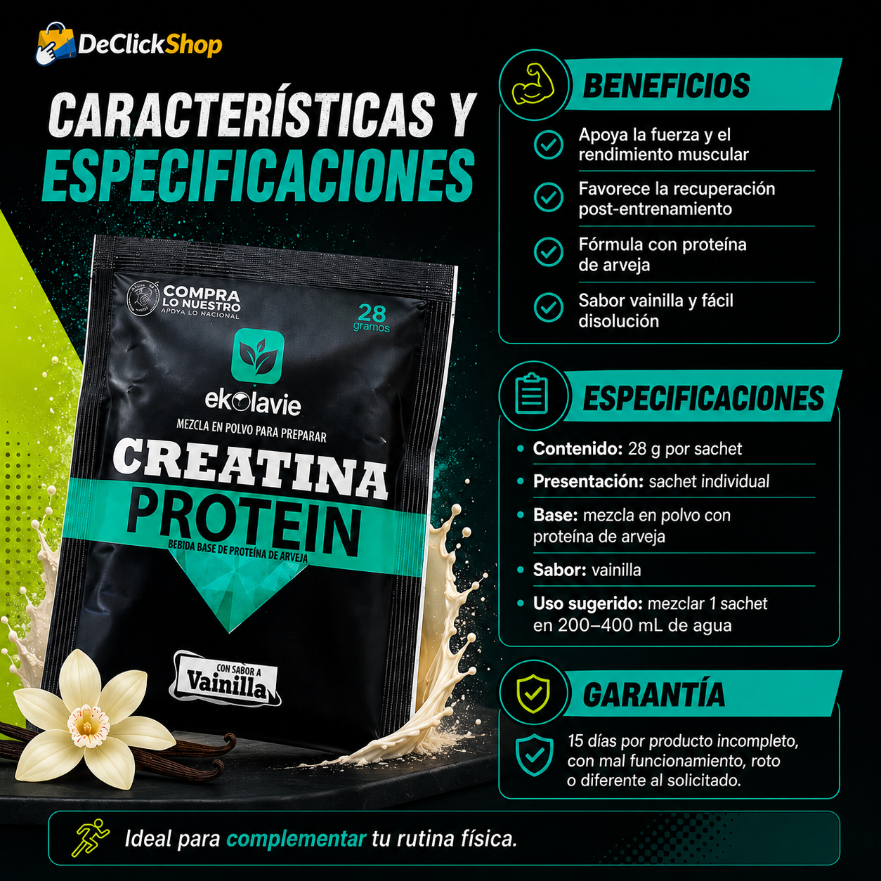 Creatina Protein Vainilla 28 g – Sachet Individual con Proteína de Arveja