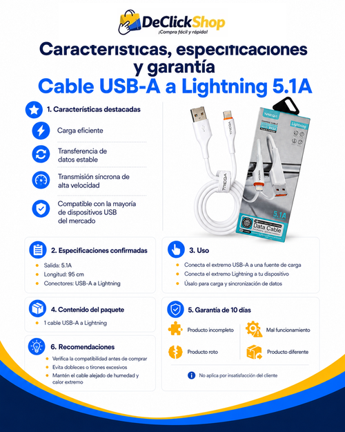 Cable USB-A a Lightning 5.1A de 95 cm