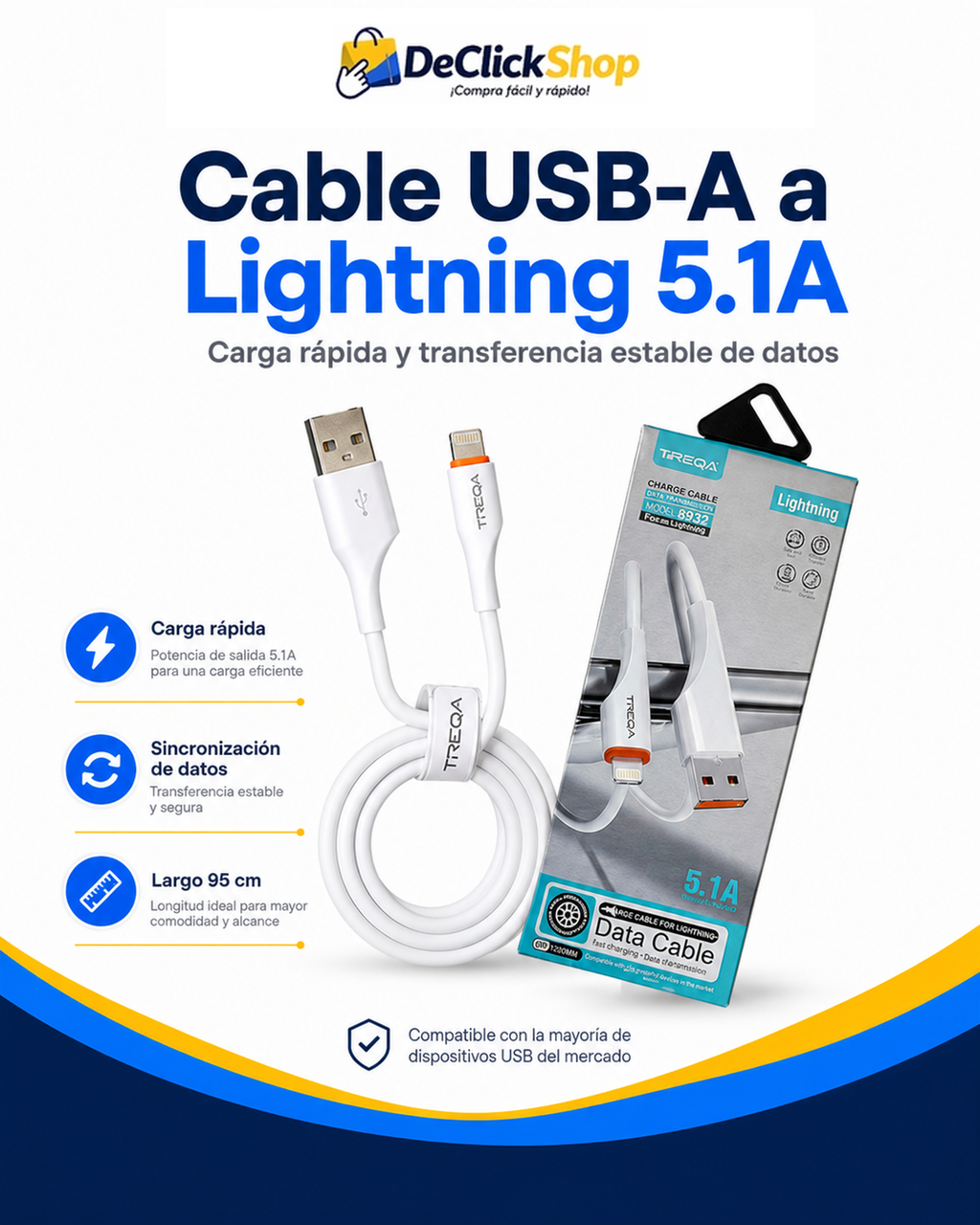Cable USB-A a Lightning 5.1A de 95 cm