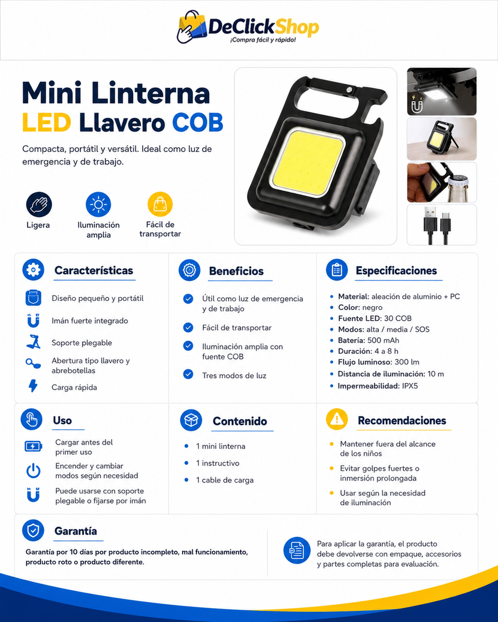 Mini Linterna LED COB Recargable Tipo Llavero con Imán
