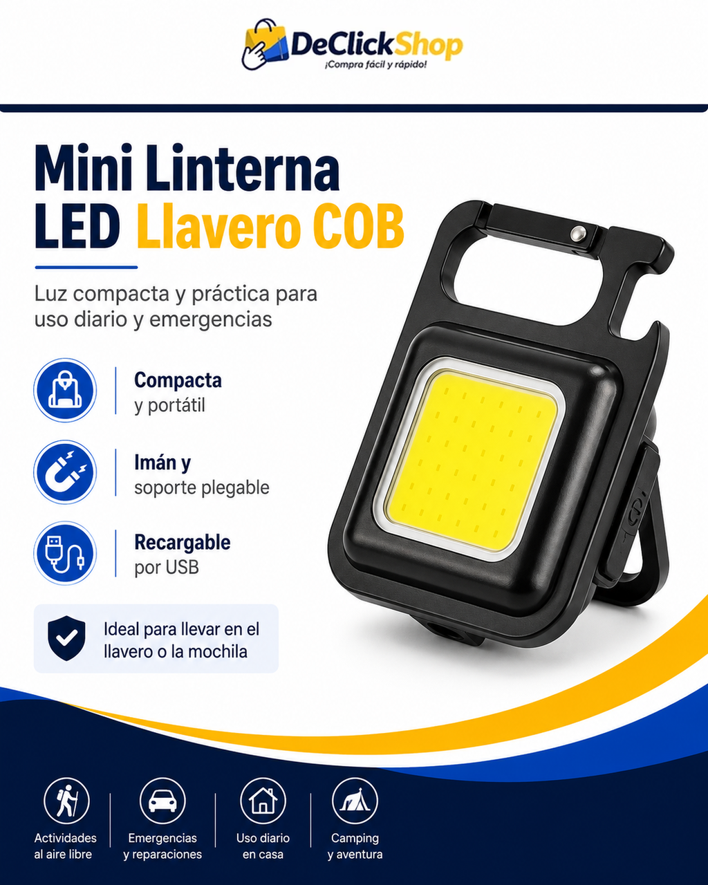 Mini Linterna LED COB Recargable Tipo Llavero con Imán