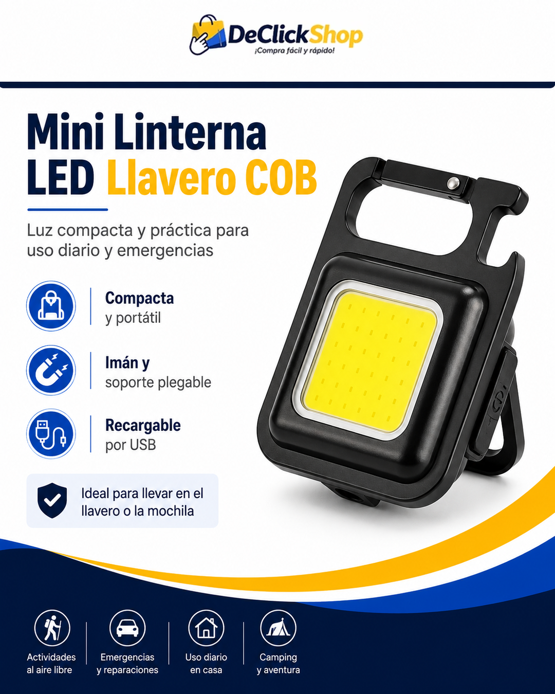 Mini Linterna LED COB Recargable Tipo Llavero con Imán