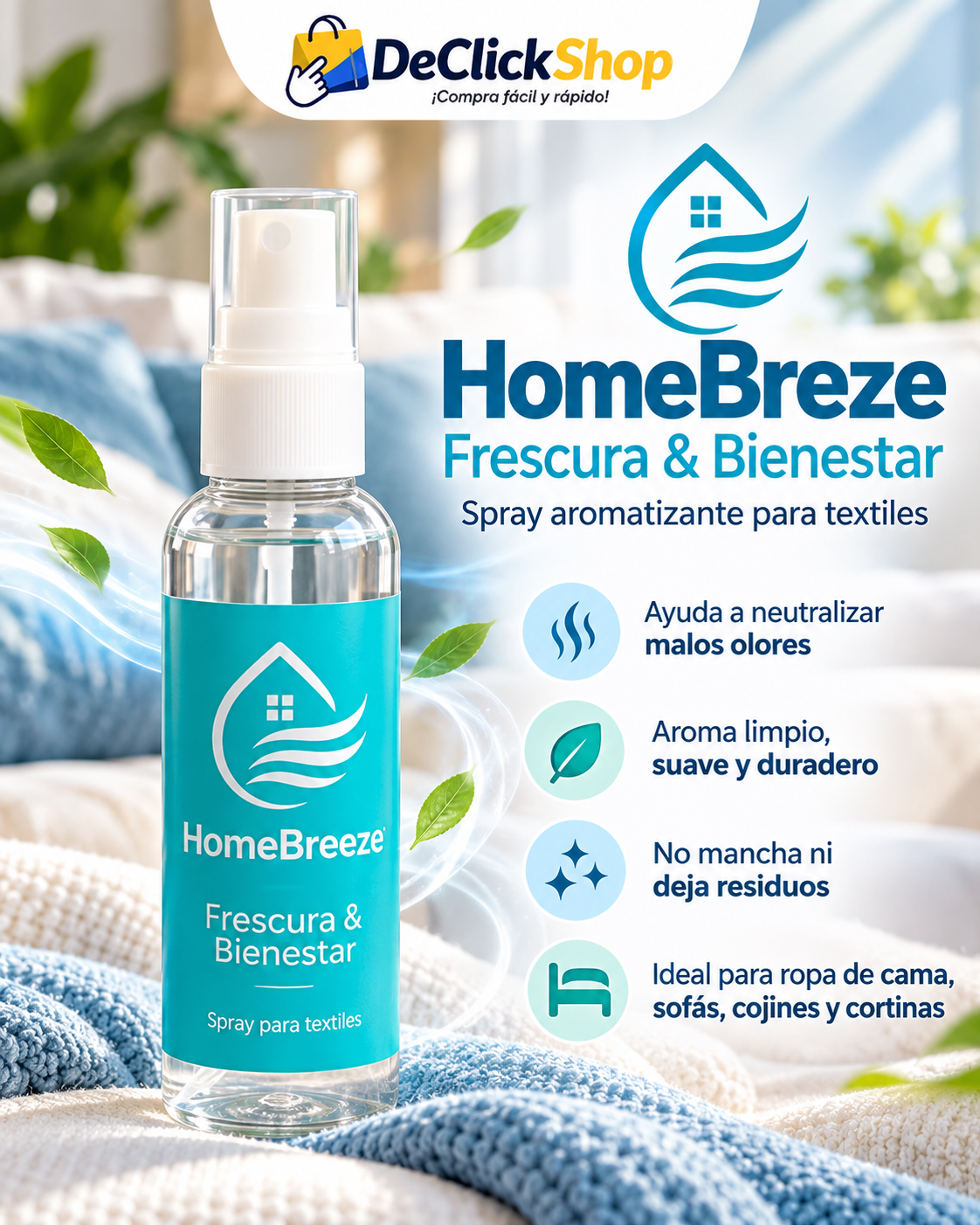 HomeBreeze Spray Aromatizante para Textiles – Frescura & Bienestar 60 ml