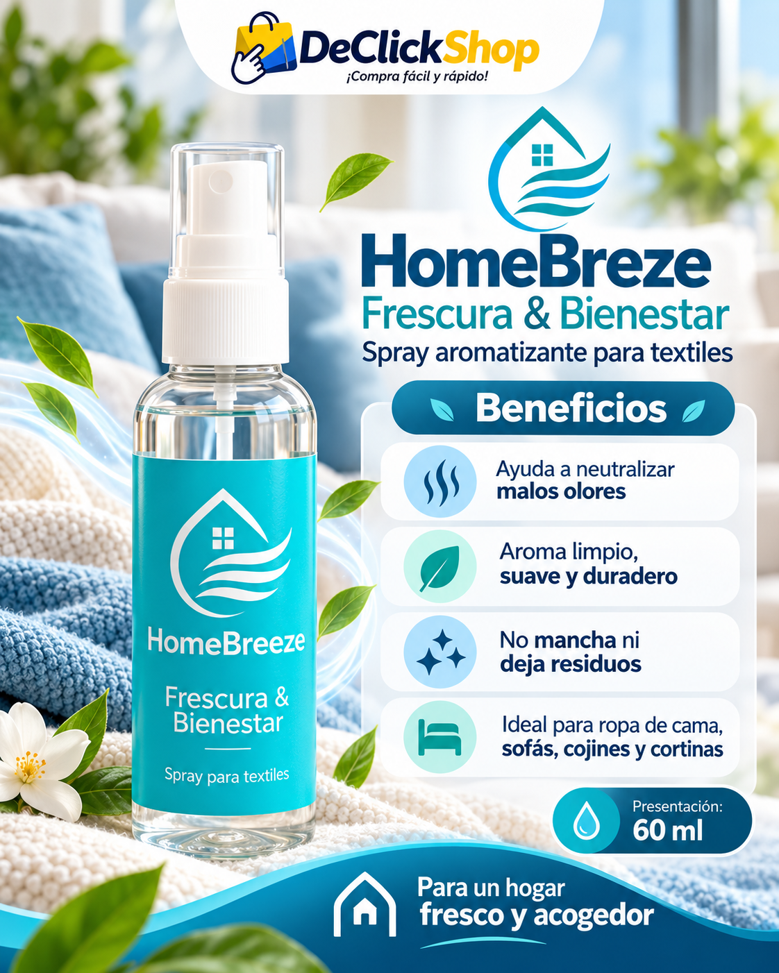 HomeBreeze Spray Aromatizante para Textiles – Frescura & Bienestar 60 ml