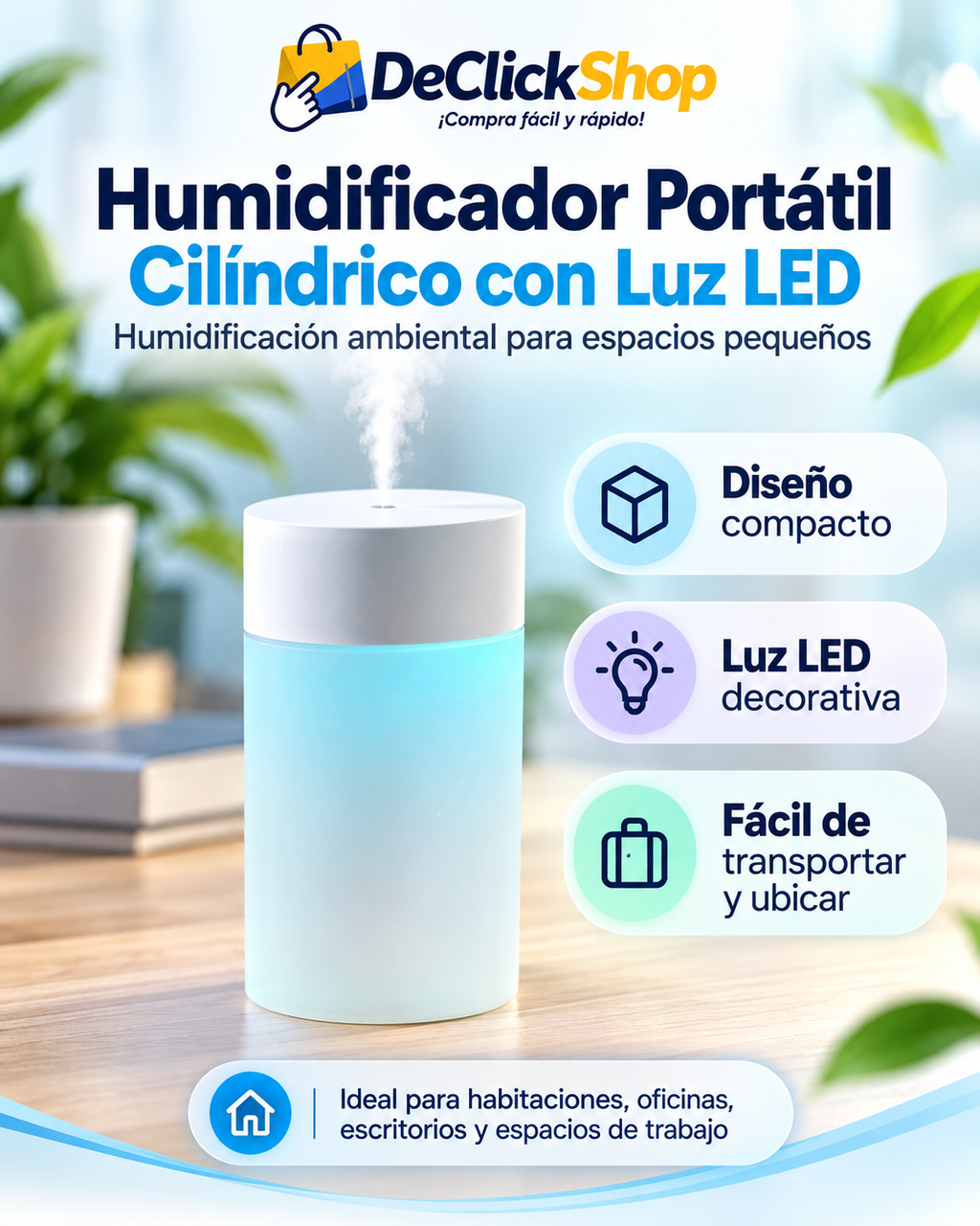 Humidificador Portátil Cilíndrico con Luz LED