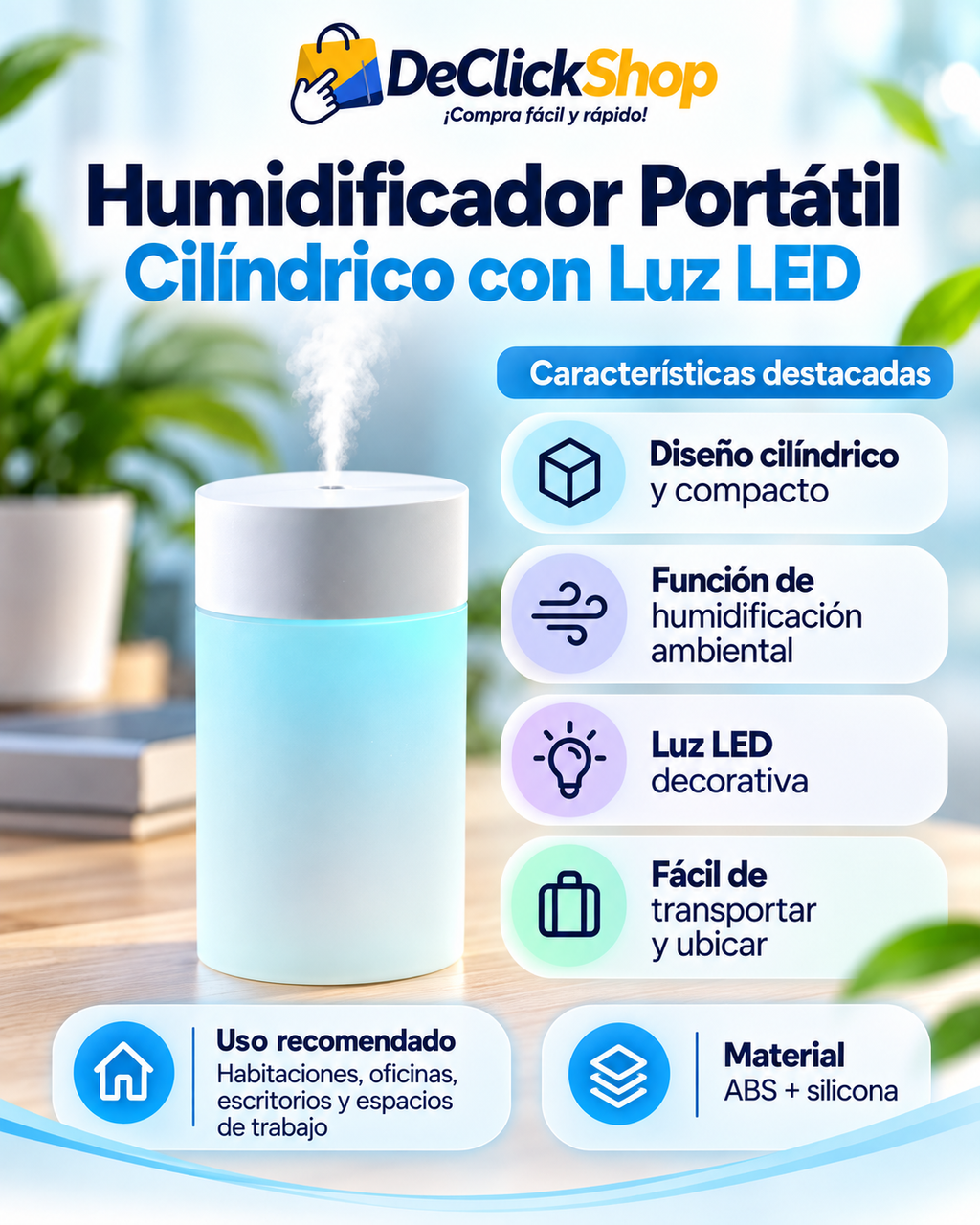 Humidificador Portátil Cilíndrico con Luz LED
