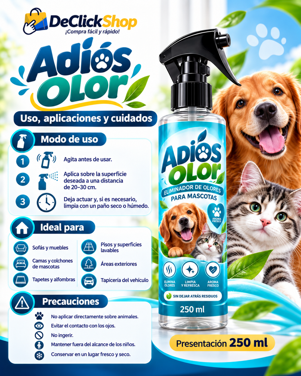 Adiós Olor – Eliminador de Olores para Mascotas 250 ml