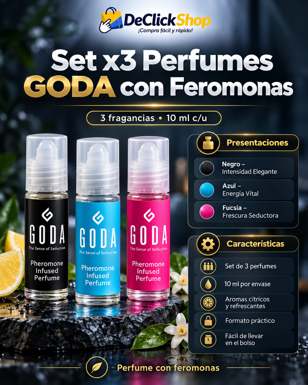 Set x3 Perfumes GODA con Feromonas – 10 ml c/u
