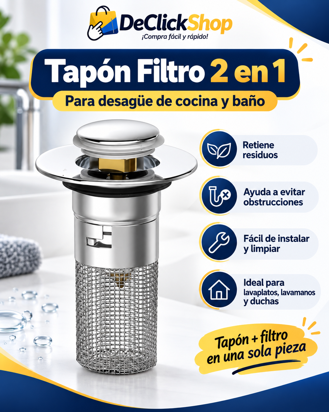 Tapón Filtro 2 en 1 para Desagüe de Cocina y Baño