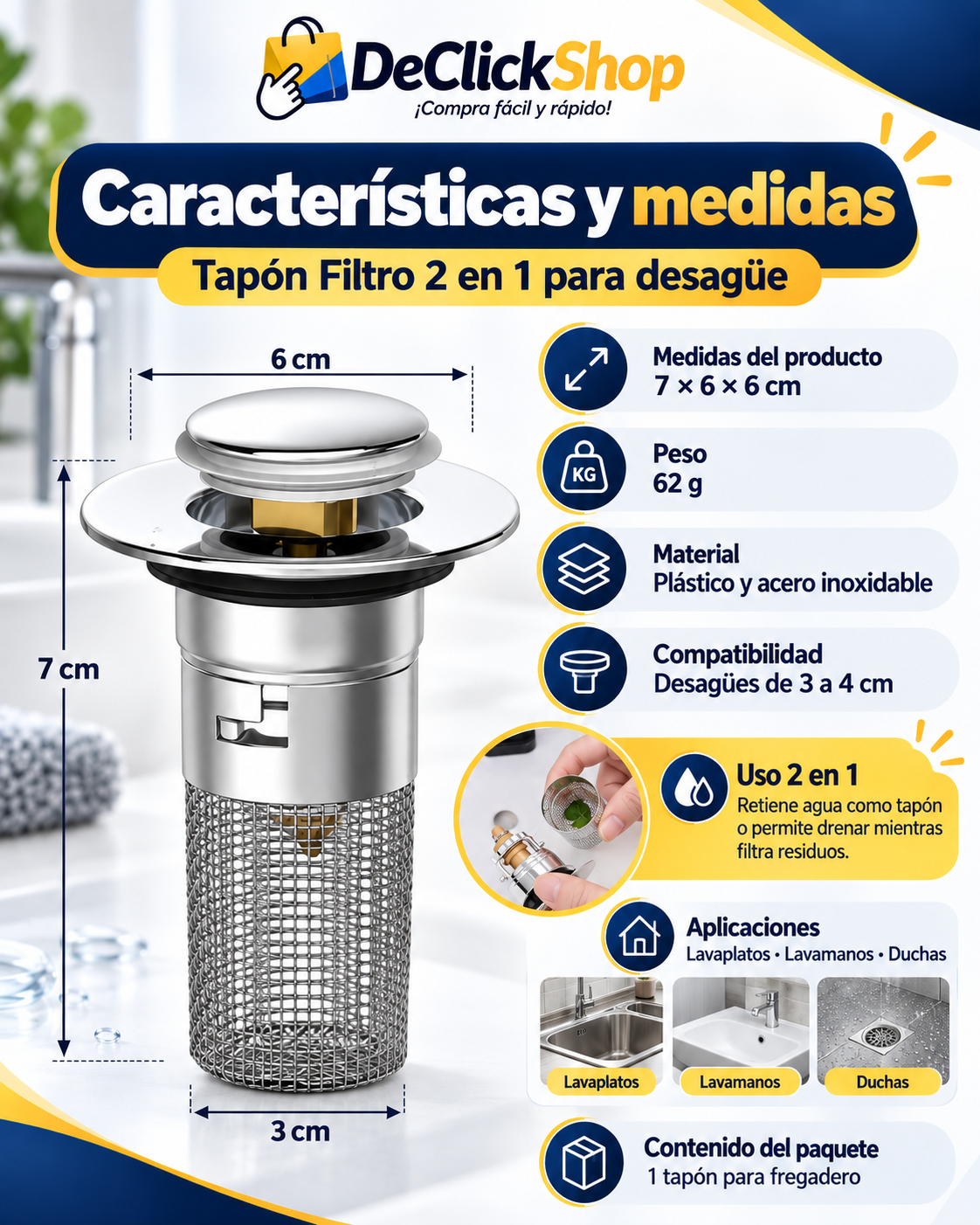 Tapón Filtro 2 en 1 para Desagüe de Cocina y Baño