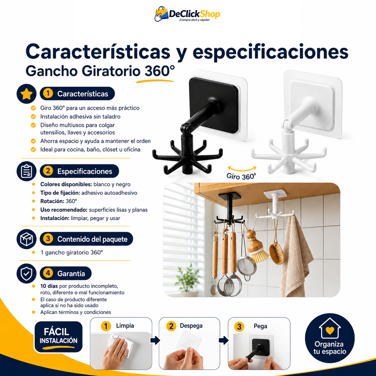 Gancho Organizador Giratorio 360° Autoadhesivo