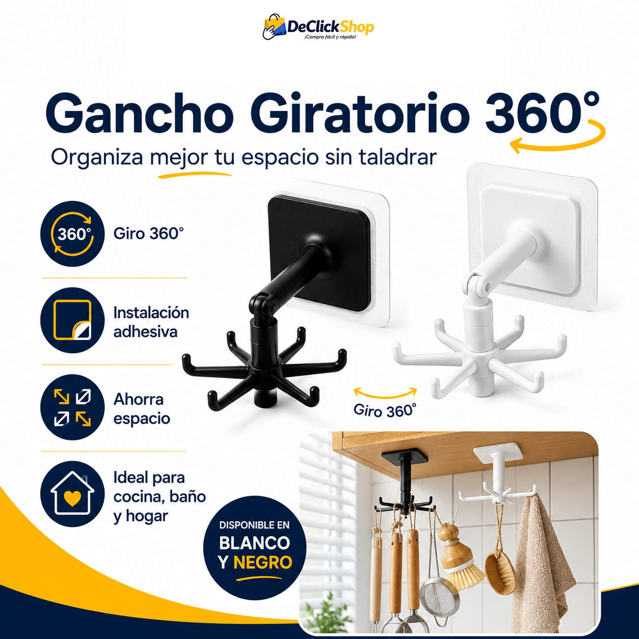Gancho Organizador Giratorio 360° Autoadhesivo